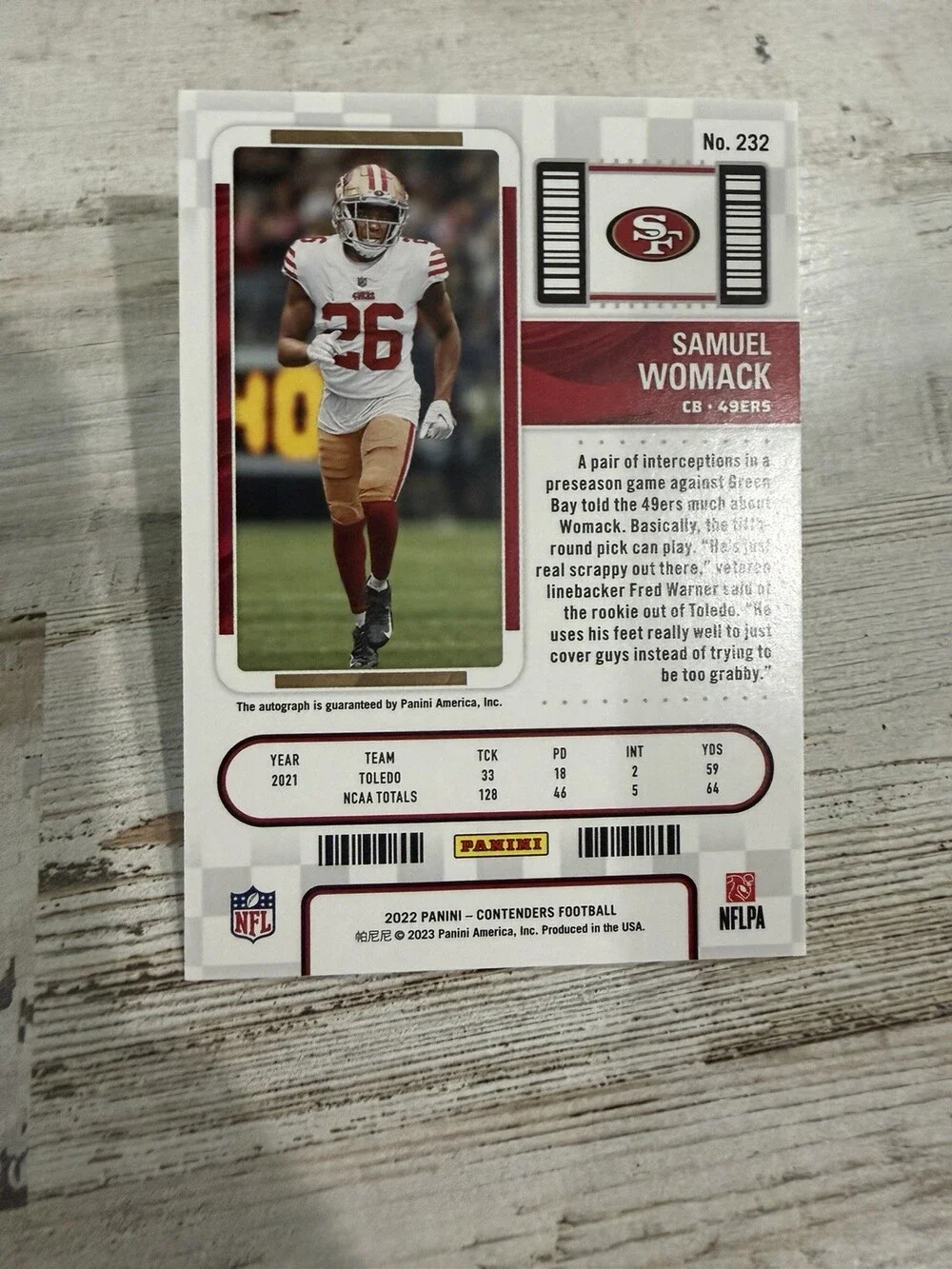 2022 Panini Contenders Samuel Womack Rookie Ticket Auto #232 49ers RC